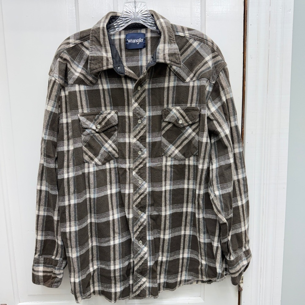 Wrangler Western Mens XXL Brown Plaid Flannel Pearl Snap Shirt Jacket Shacket